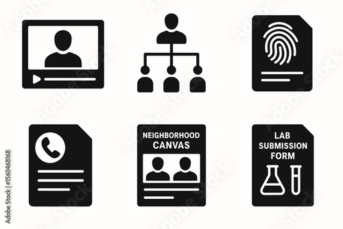 Icons of video call, hierarchy, fingerprint, phone document, canvas, lab form