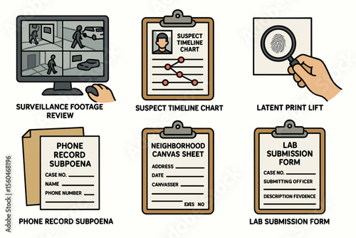 Crime investigation tools illustration with forms and surveillance elements