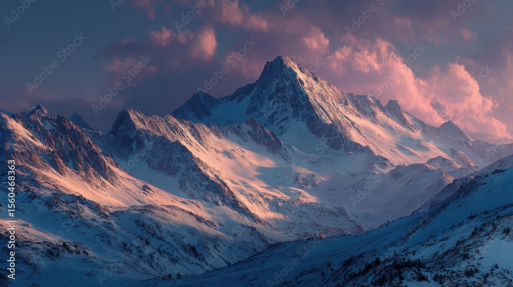 Fototapeta premium Majestic mountain range covered in snow with a pink sky at dusk in the winter season
