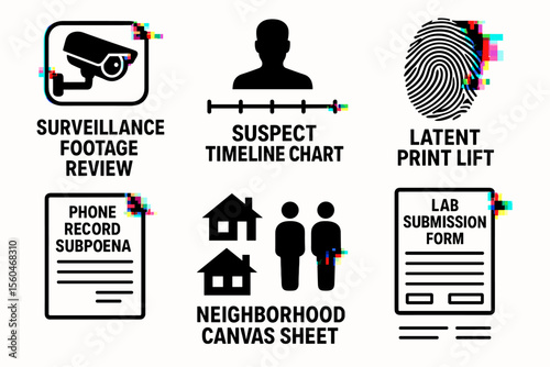 Crime investigation icons: surveillance, timeline, fingerprint, records, neighborhood, lab