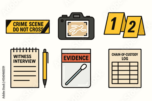 Crime scene investigation elements: evidence, camera, witness interview, chain-of-custody
