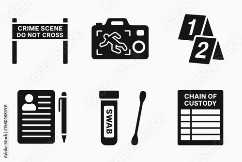 Crime scene investigation icons: tools and symbols for forensic analysis