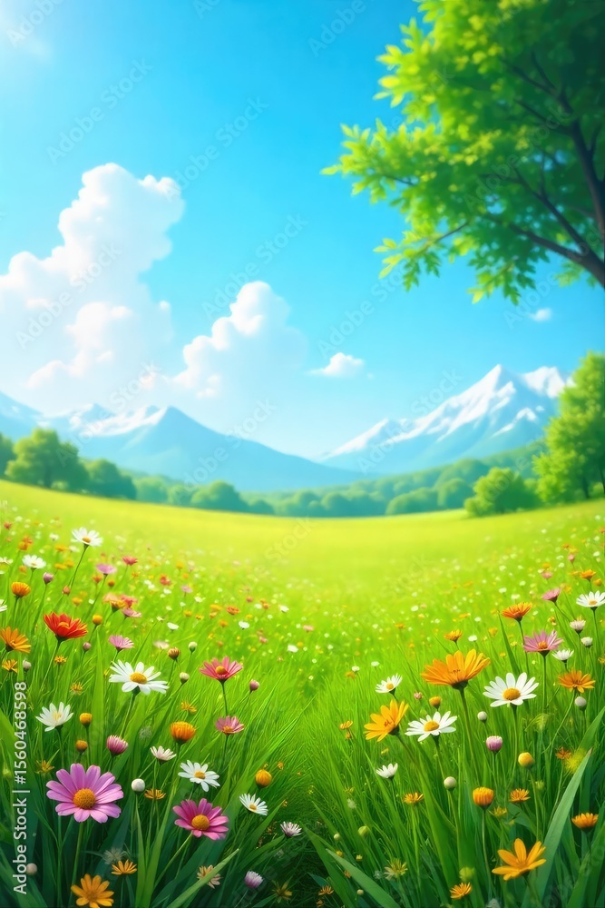 Fototapeta premium A vibrant summer scene featuring a lush green field of wildflowers gently swaying in the warm breeze under a clear blue sky Perfect for idyllic summer, nature, or travel themes , day, scenery, beauty
