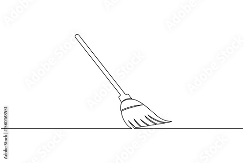 Continuous line drawing of broom cleaner tool minimalist home cleaning equipment outline vector