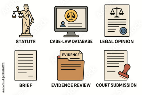Legal icons collection: statue, case-law database, legal opinion, brief, evidence review, court submission