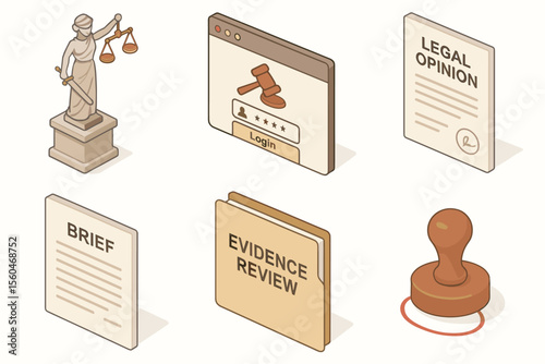 Law and legal icons set: justice statue, gavel, briefs, evidence, stamp
