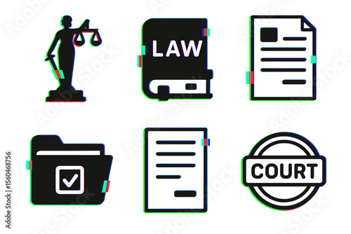 Law and justice icons set: scales, law book, documents, file, court symbol