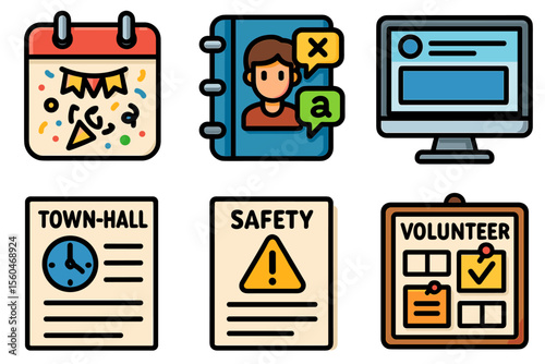 Colorful event icons for communication and community engagement