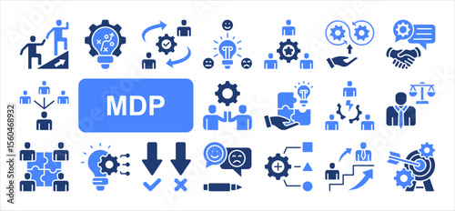 Management Development Program editable stroke icon set, with Leadership, Strategic, Change management, Talent management, Continuous improvement, Team building, Succession planning.