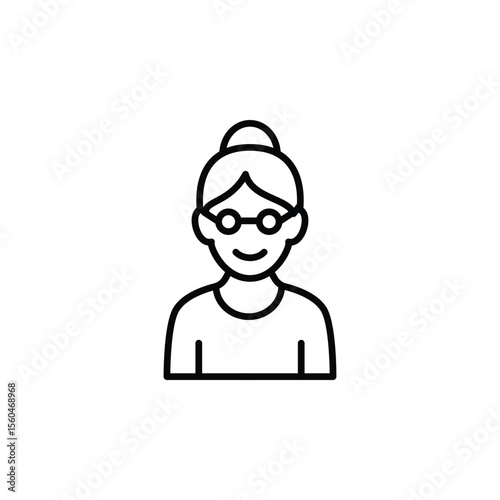 A simple line art icon depicting a happy elderly woman wearing glasses.