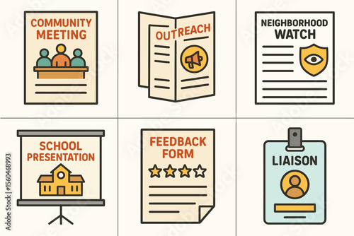 Community engagement posters: meeting, outreach, watch, presentation, feedback, liaison