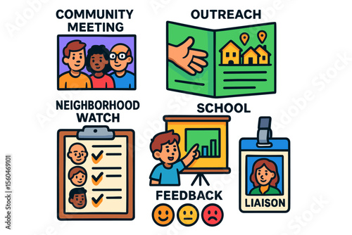 Community engagement icons: meeting, outreach, neighborhood watch, school feedback, liaison