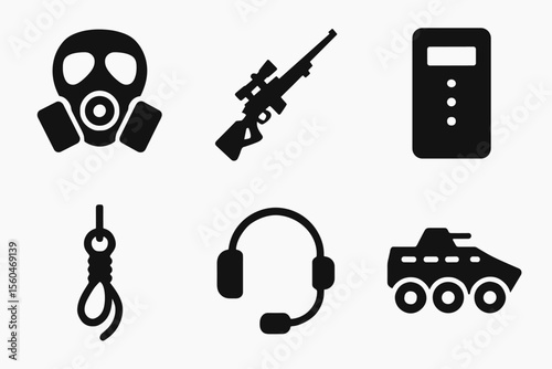 Military and tactical icons - gas mask, rifle, shield, noose, headset, armored vehicle
