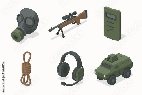 Isometric military equipment icons: gas mask, sniper rifle, shield, rope, headphones, armored vehicle