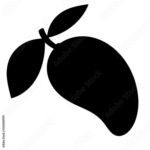 Mango fruit illustration with leaves on white background, black vector design element