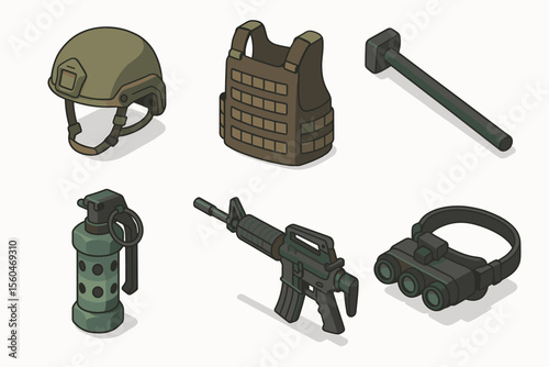Military gear icons set: helmet, vest, sledgehammer, grenade, rifle, night vision goggles