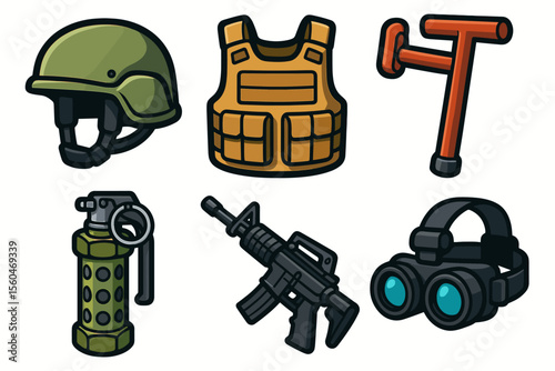 Military equipment icons set with helmet, vest, night vision, and rifle