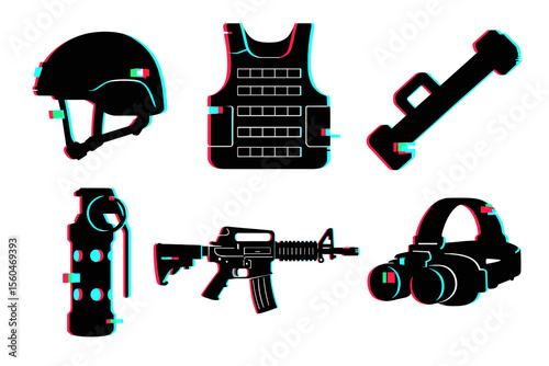 Tactical gear set: helmet, vest, baton, grenade, rifle, night vision