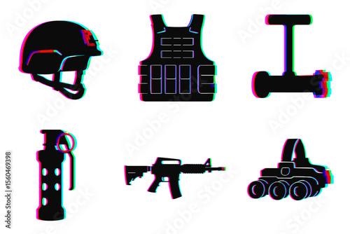 Glitched military gear icons - helmet, vest, muzzle, grenade, rifle, robot