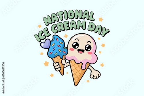 Cute soft serve ice cream cartoon in kawaii style for national ice cream day vector badge or kids event art  
