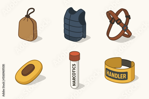 Illustrated search dog accessories including harness, vest, and training tools