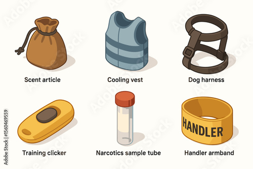 Canine training tools: scent article, cooling vest, dog harness, clicker, tube, armband