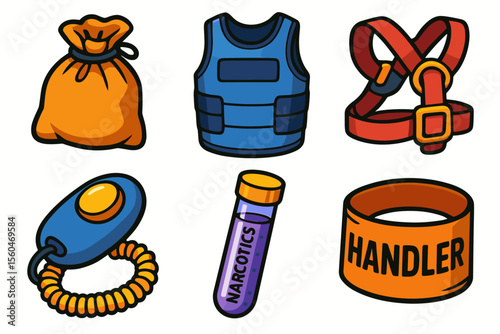 Police equipment icons set: bag, vest, harness, pager, test tube, collar