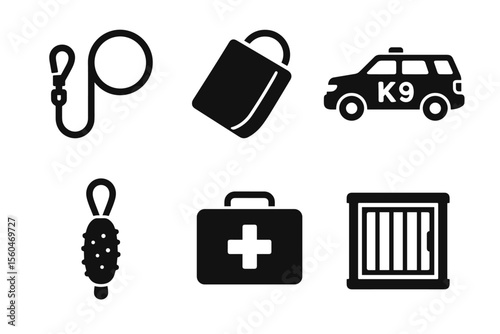 Dog care icons: leash, poop bag, k9 unit, toy, first aid, crate