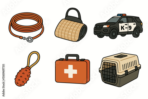 K-9 equipment set with leash, chew toy, medical kit, and transport kennel