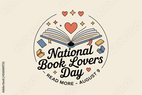 National book lovers day badge with open book heart and stars for august 9 reading and literacy celebration  