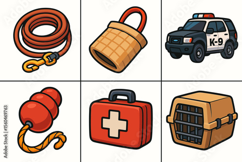 Dog equipment icons - leash, muzzle, police car, toy, first aid kit, kennel