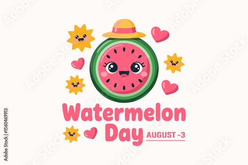 Fun watermelon day emblem with kawaii fruit mascots and sunshine for sweet summer august celebration t-shirt  