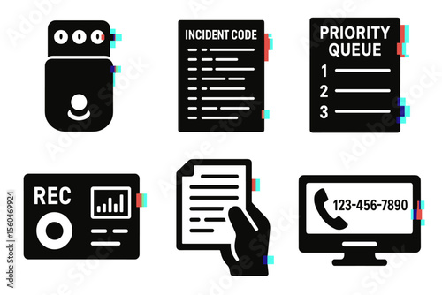 Black and white icons: incidents, recording, queue, phone, documents