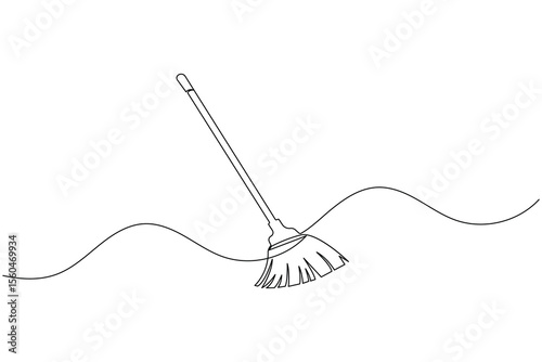 Continuous line drawing of broom cleaner tool minimalist home cleaning equipment outline vector
