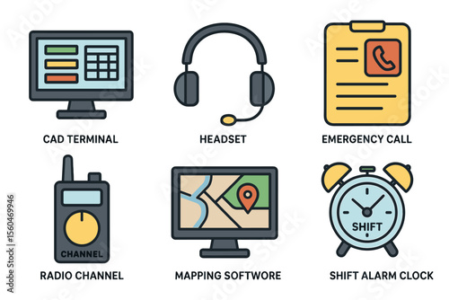 Technology icons set: cad terminal, headset, emergency call, radio, mapping, alarm clock