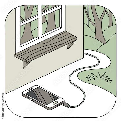 Illustration of a smartphone connected to a wall with a window and shelf, with trees outside the window