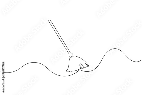 Continuous line drawing of broom cleaner tool minimalist home cleaning equipment outline vector