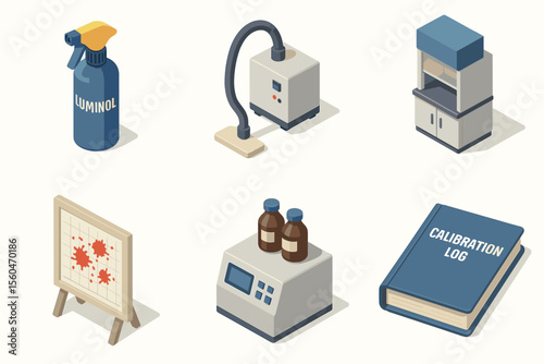 Laboratory equipment set with luminol spray, forensic tools, and calibration log