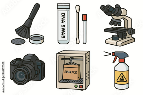 Forensic science tools illustration with microscope and dna swab