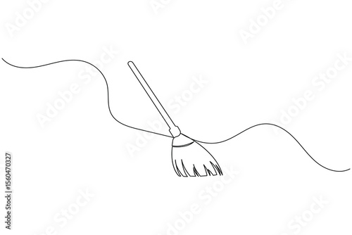 Continuous line drawing of broom cleaner tool minimalist home cleaning equipment outline vector