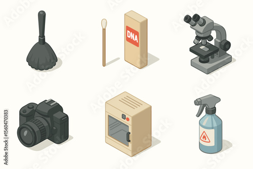 Isometric forensic tools: feather duster, dna test, microscope, camera, oven, spray bottle