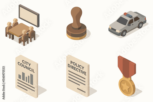 Isometric illustration of city governance elements with people, documents, and symbols