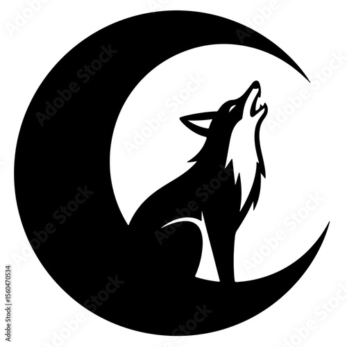 Silhouette of a wolf howling at the moon, black and white illustration.