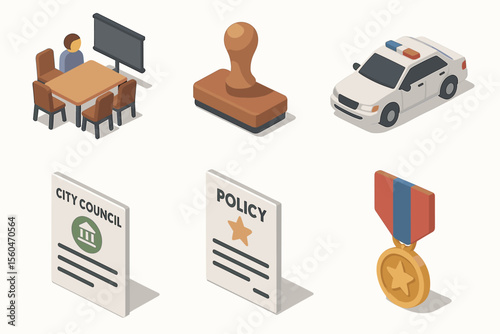 Isometric office icons of meeting, stamp, police car, city council, policy, medal