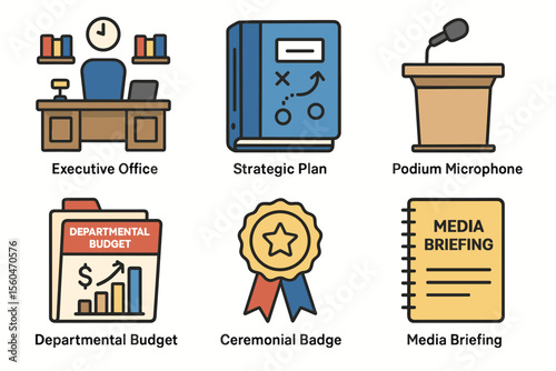 Office icons set: executive office, strategic plan, podium, budget, badge, media briefing