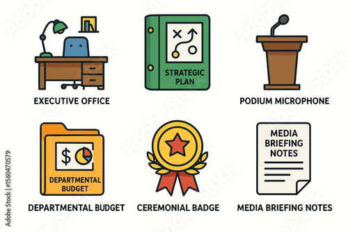 Office icons set: executive desk, strategic plan, podium, budget, badge, media notes