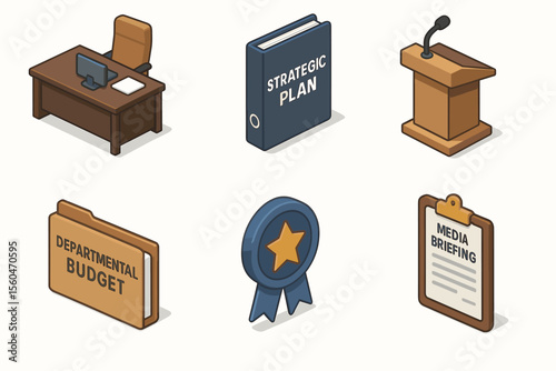 Office items collection: desk, strategic plan book, podium, folder, award, media briefing clipboard