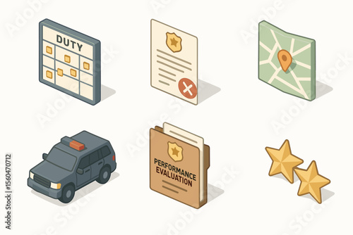Police duty icons set including calendar, badge, map, car, evaluation, stars