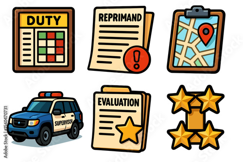 Set of icons: duty schedule, reprimand, map, police car, evaluation, star ratings