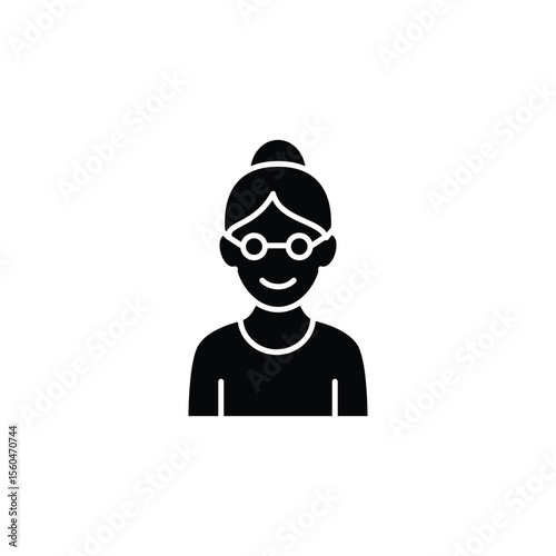 Simple black and white icon of a happy elderly woman.